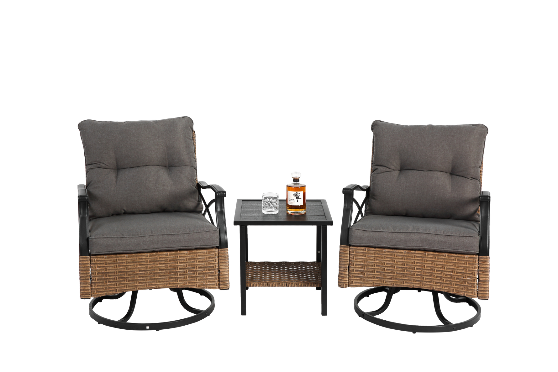 Outdoor Swivel Rocking Chair Set, 3 Pieces with 1 Table and 2 Chairs, 350lb Support, Brown Wicker