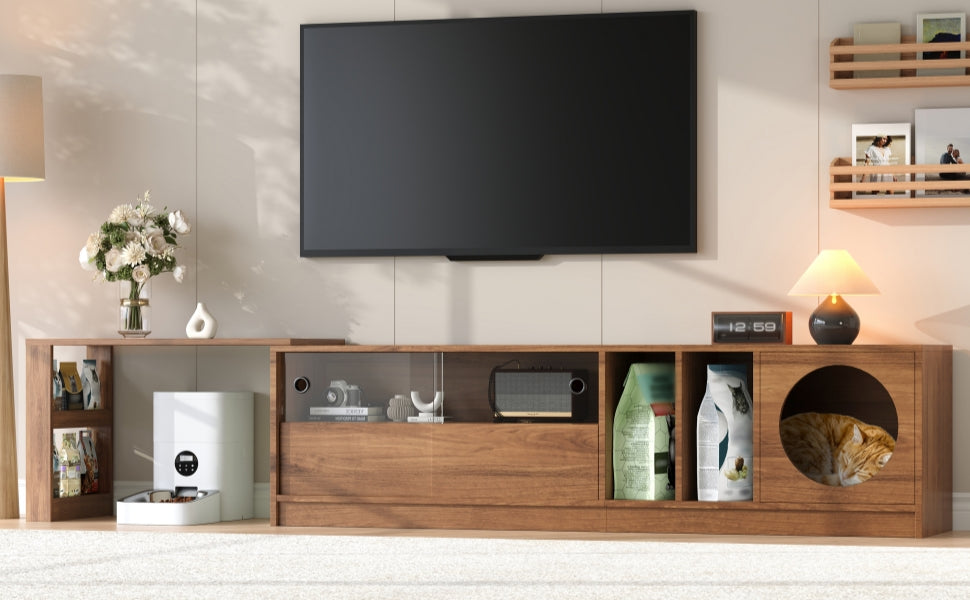 Modern Rotating TV Cabinet Extendable Pet-Friendly Glass Doors 180(+80)x40x50 cm - Walnut