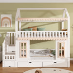 House Bunk Bed 90x200cm with Storage & Drawers, White & Natural