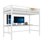 Loft Bed with Desk, USB Ports and LED Light Strip, White Metal