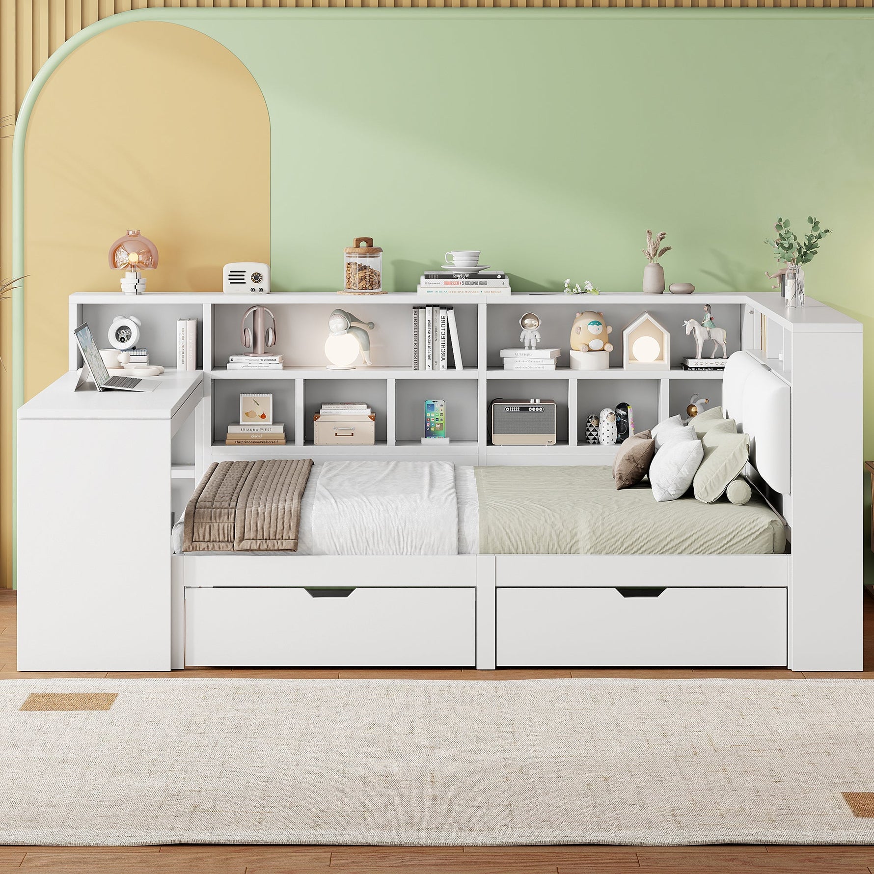 L-shaped Platform Bed 140x200 with Desk Bookshelf Upholstered Headboard Drawers LED Light White Wood