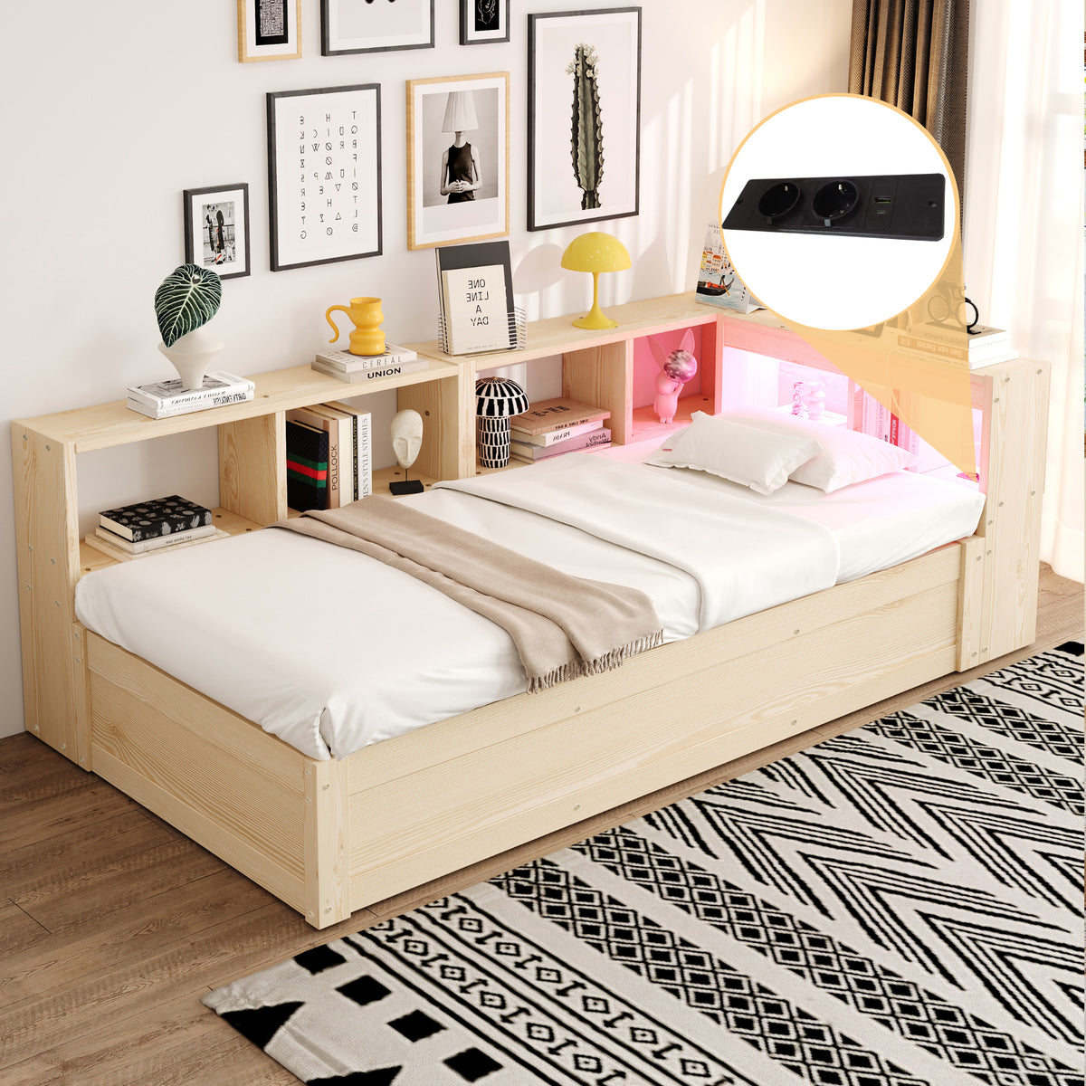 Sofa Bed 90x200cm with Hydraulic Storage & LED, Wood Color