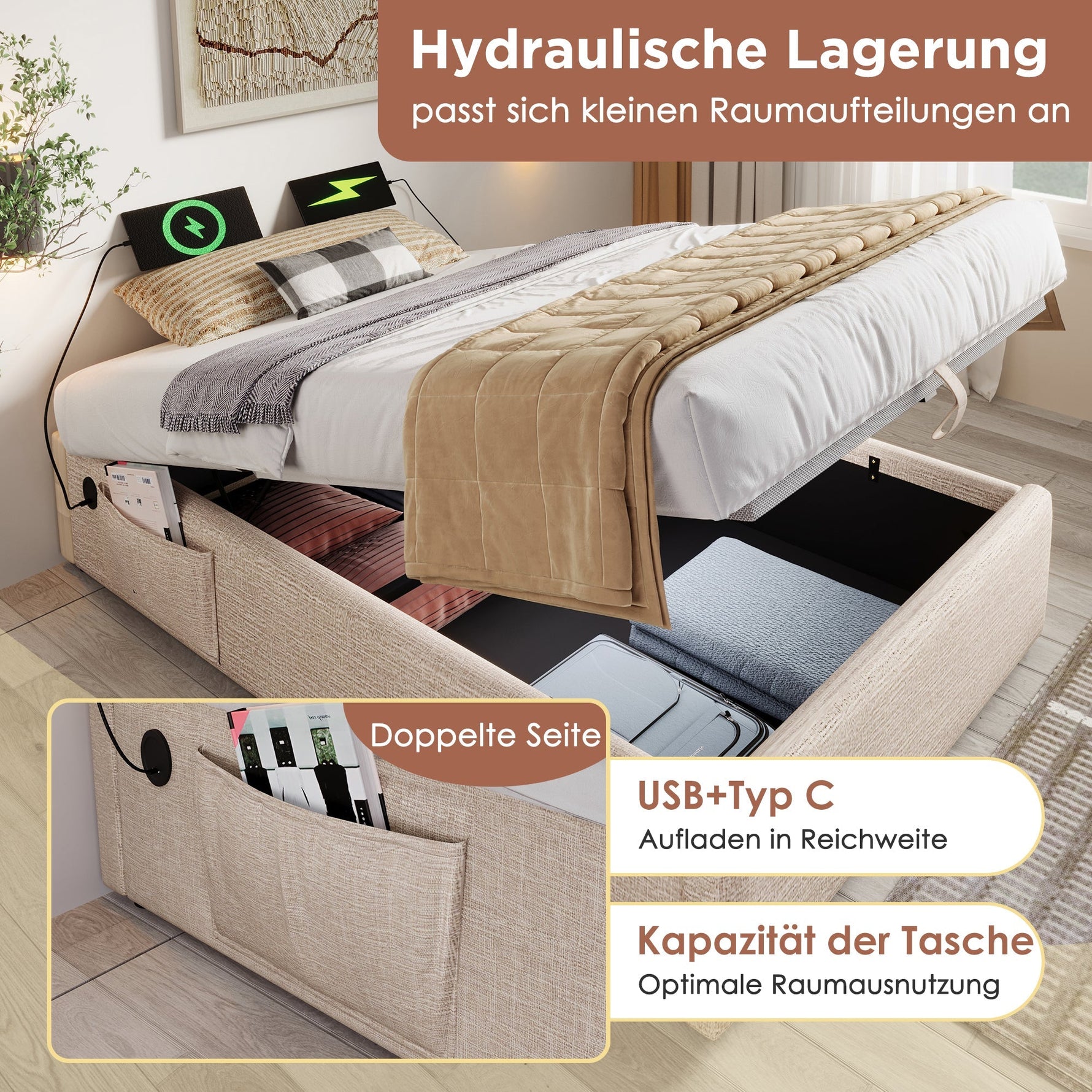 Upholstered Single Bed 90×200 cm Storage Frame USB-C Slatted Base, Linen Natural