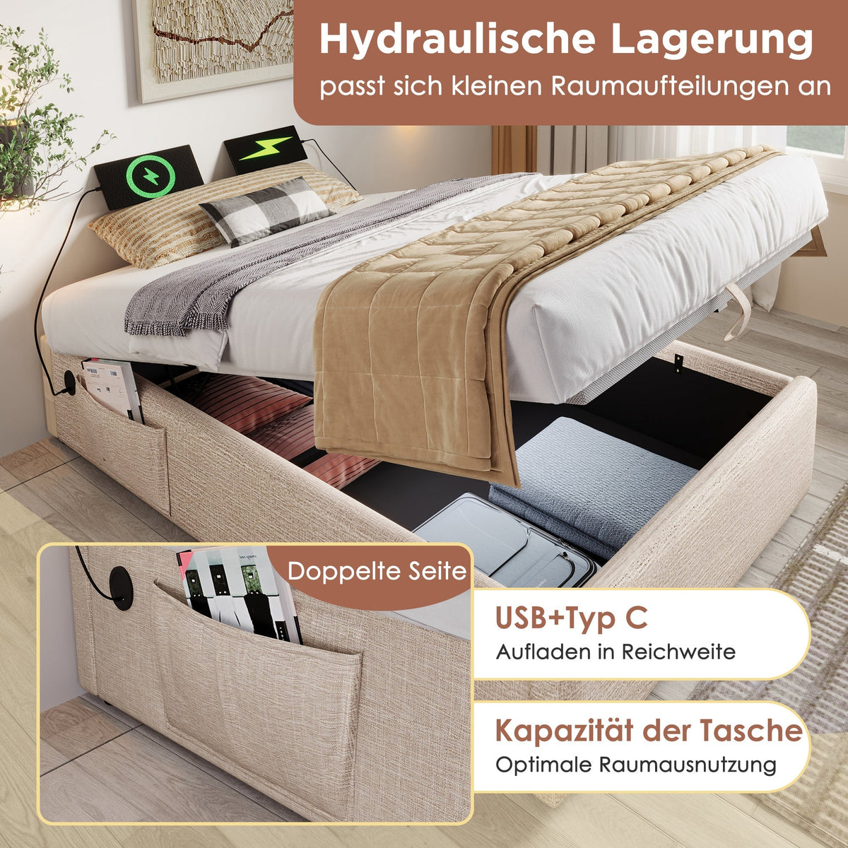 Upholstered Single Bed, 90x190 cm with USB-C and Slatted Frame, Natural Linen