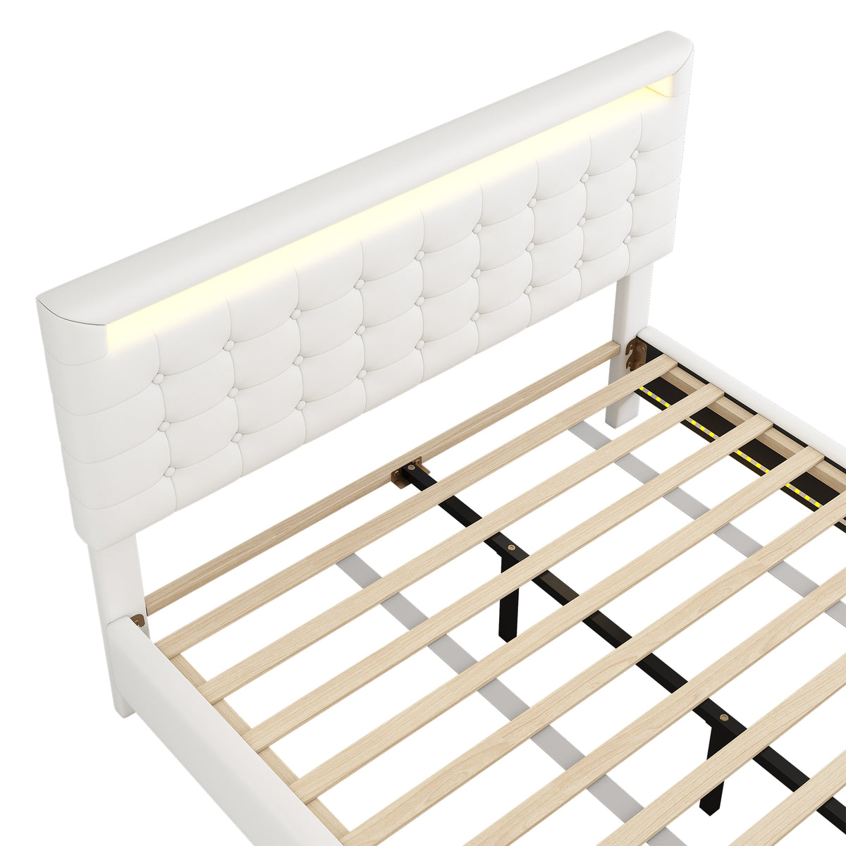Flatbed Bed 140x200cm with LED & Adjustable Headboard, White PU