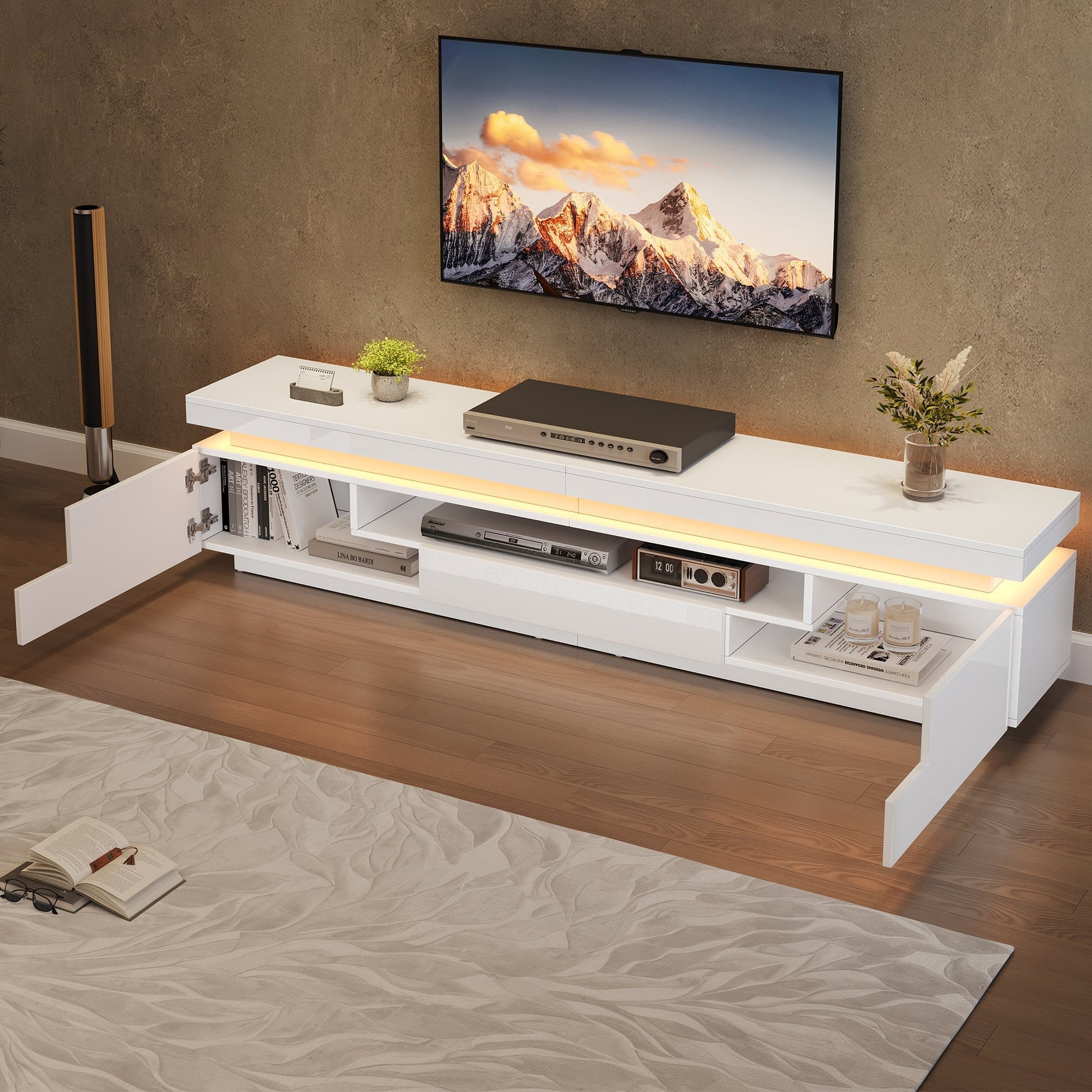 TV Stand 175cm 2 L-Shaped Cabinets LED High-Gloss