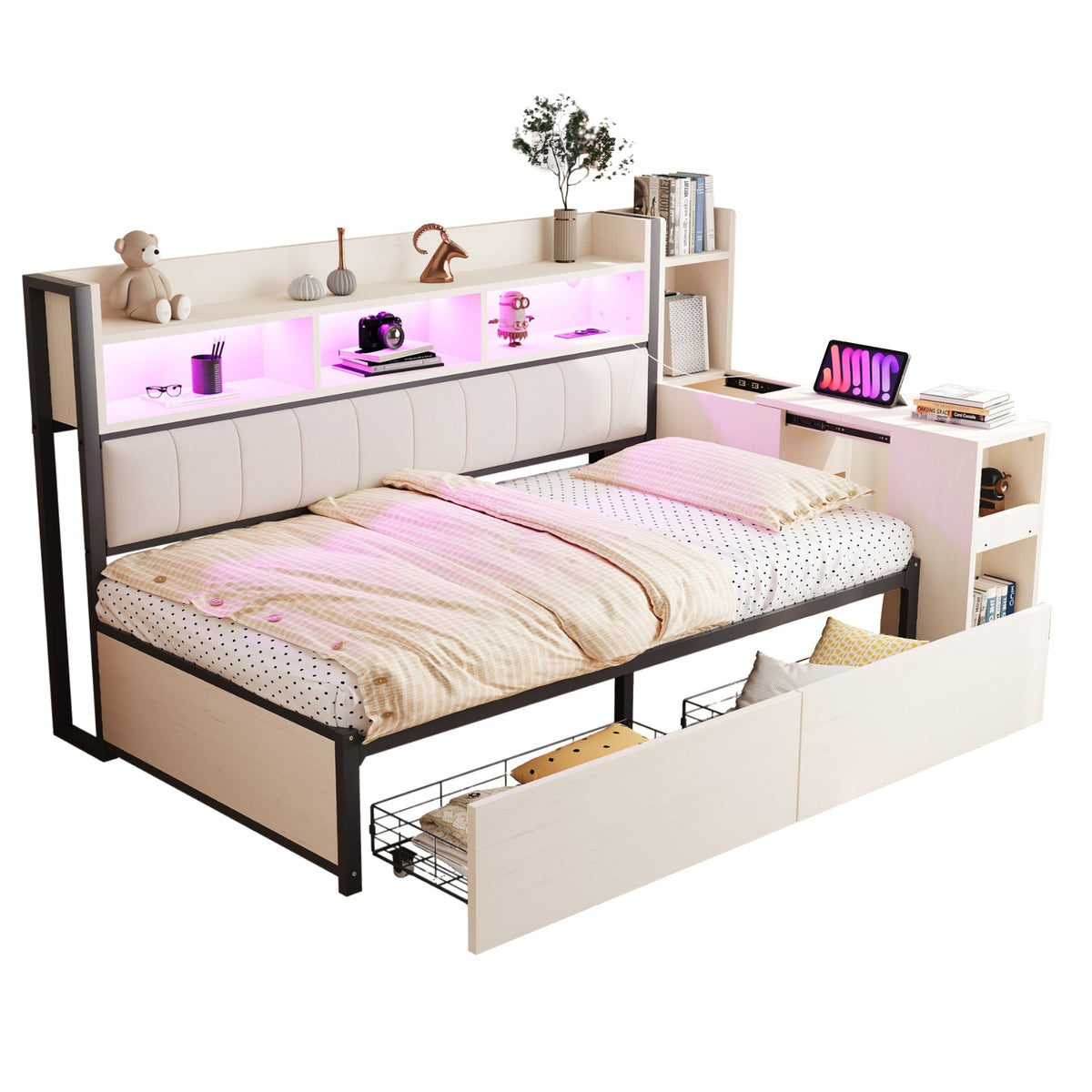 Iron Sofa Bed 90x200cm Storage Drawers Desk LED White