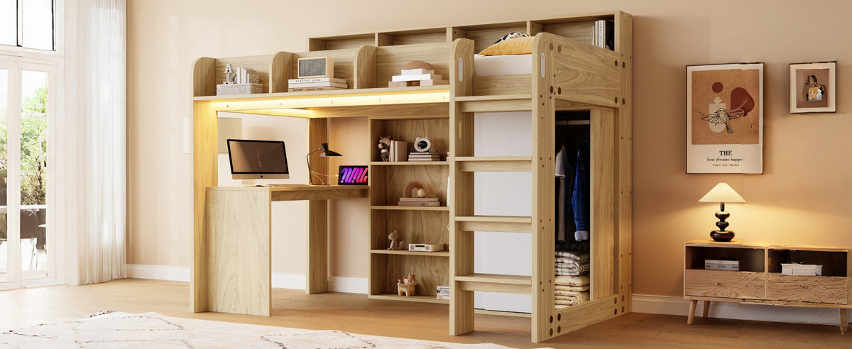 Multifunctional Loft Bed 90x200cm with Desk & Wardrobe, Wood
