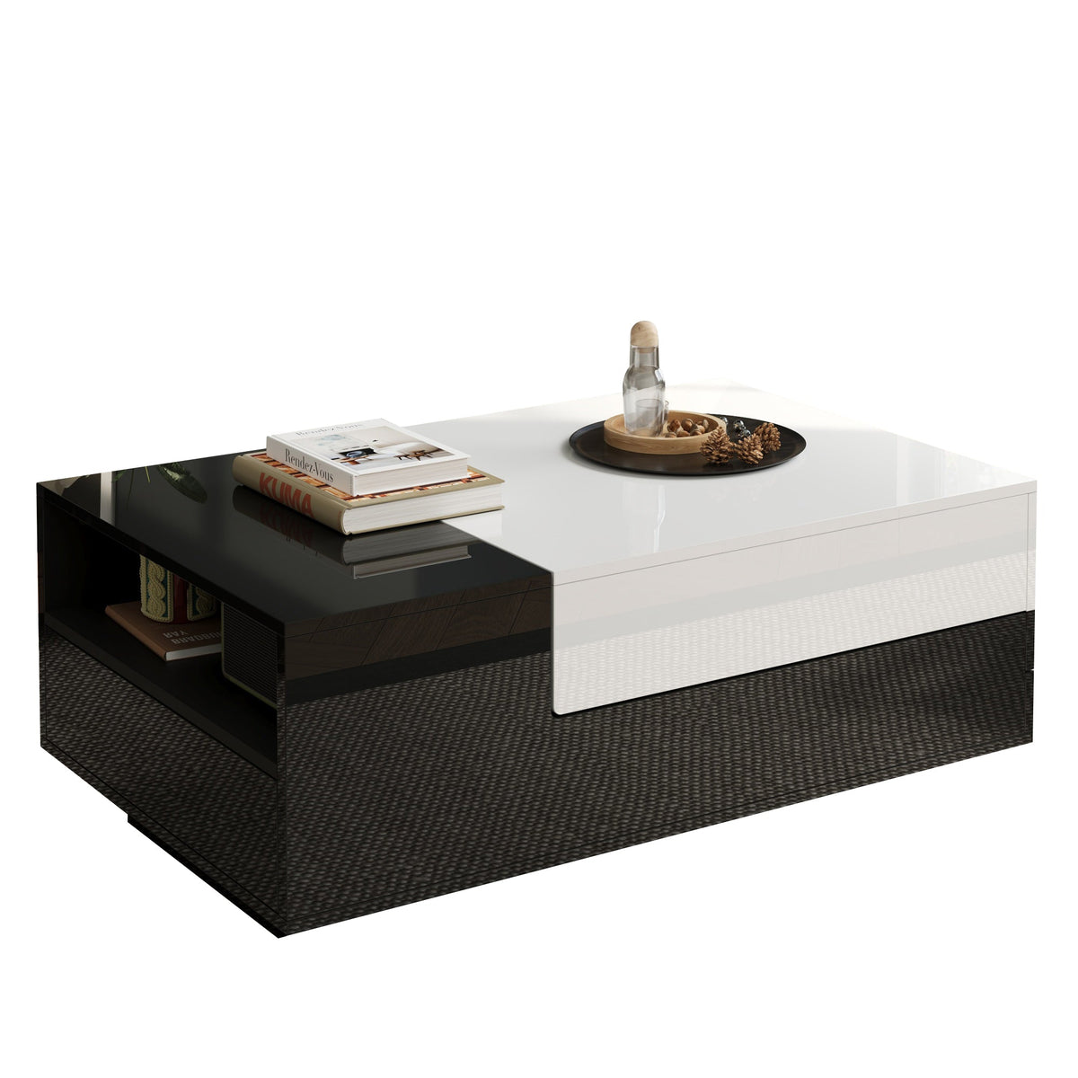 Coffee Table 100x50x38cm, High-Gloss with 1 Drawer & Sliding Top, Black and White Stitching