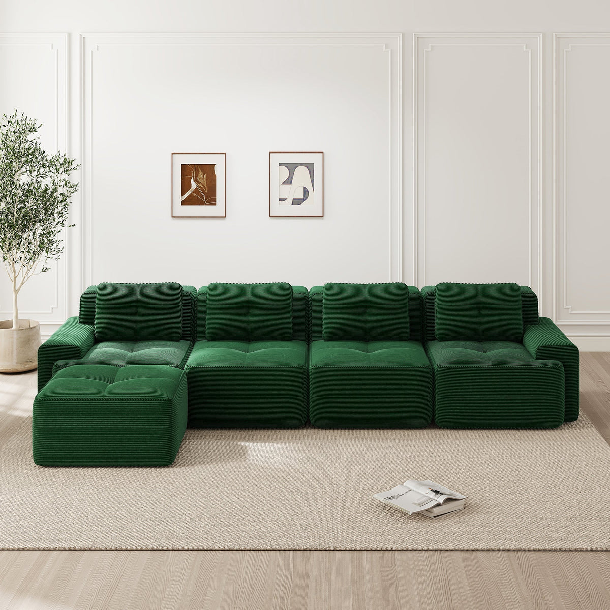 Boneless Sofa Modular L-Shaped Chaise Lounge 4-Seater Deep-Seat - Corduroy Green