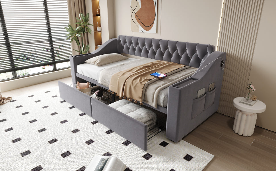 Upholstered Sofa Bed with USB Port and Storage Drawers, Dark Grey Velvet