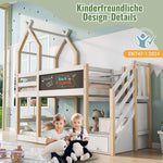 Bunk Bed 90x200, Treehouse Design with Blackboard, Storage, Fall Protection, Loft Bed for Kids, 2x Slatted Frames - Natural & White