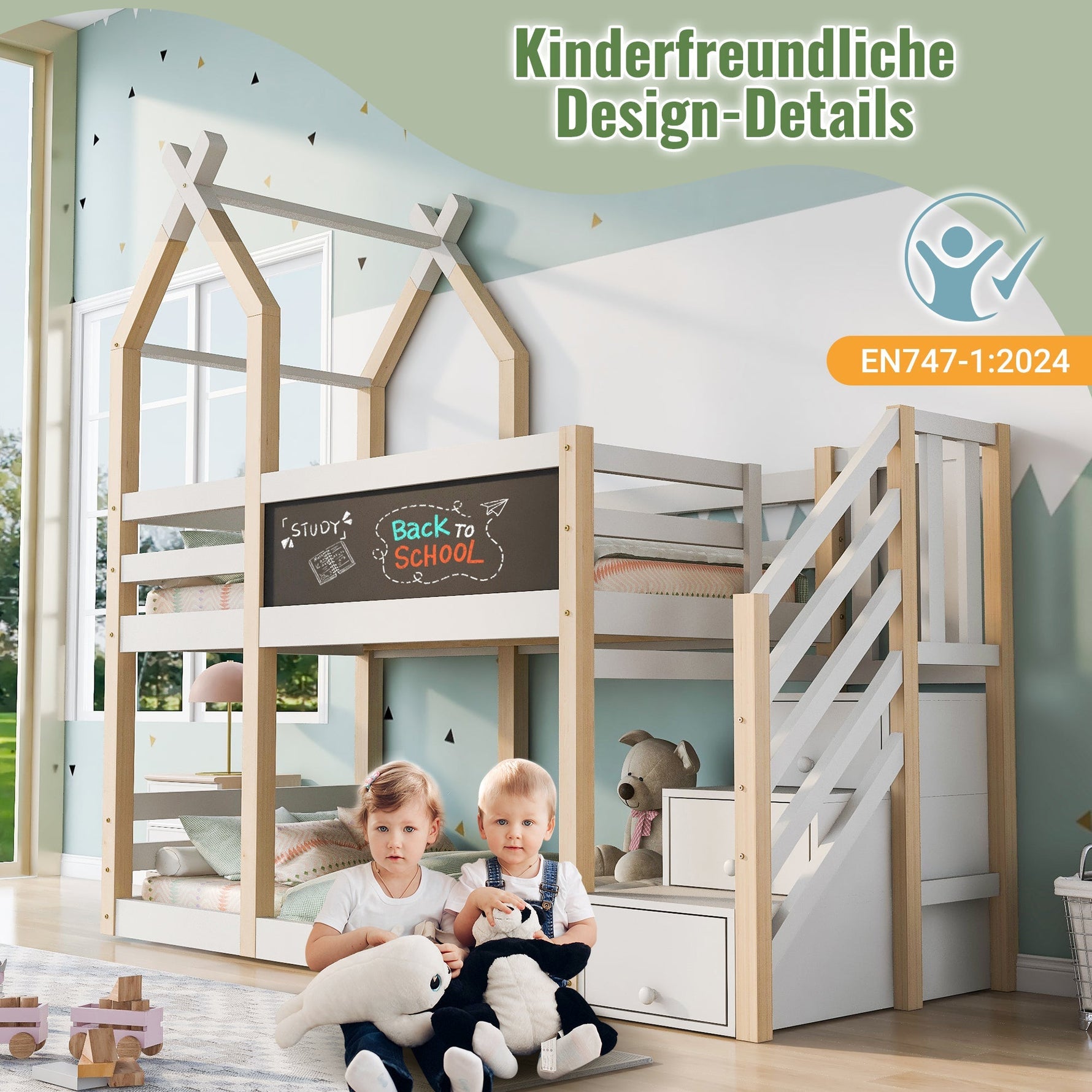 Bunk Bed 90x200, Treehouse Design with Blackboard, Storage, Fall Protection, Loft Bed for Kids, 2x Slatted Frames - Natural & White