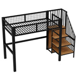 Loft Bed, 90x200 with Ladder & Storage, Iron Frame, Black