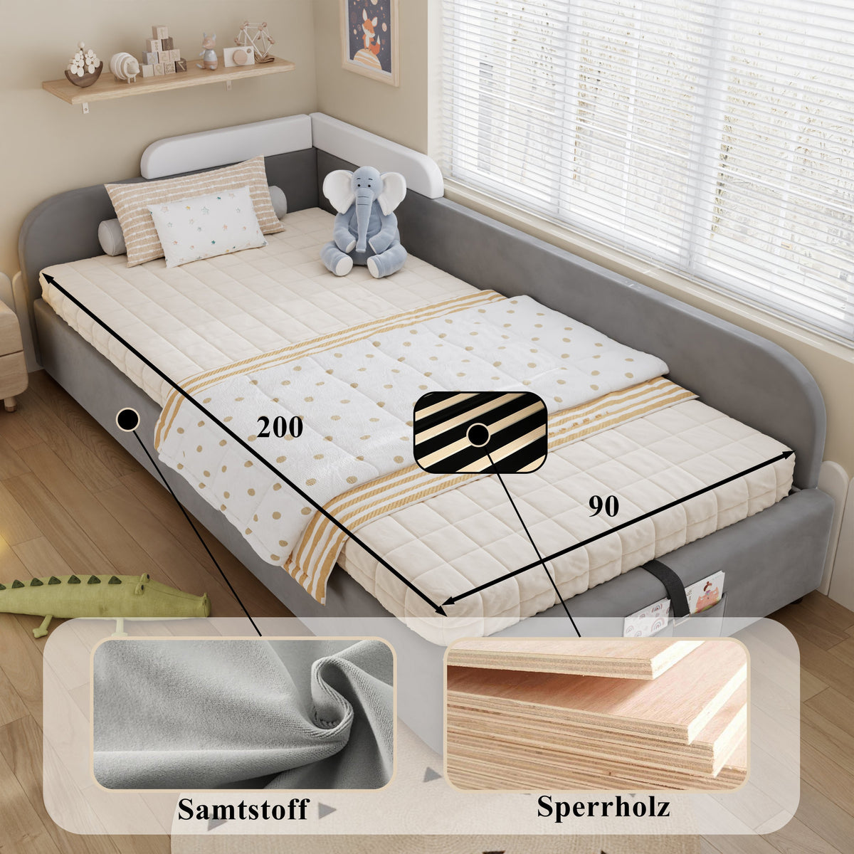 Hydraulic Bed, Storage Space, Raised Soft Fence, Velvet + Plywood, Grey