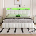 Upholstered Platform Bed 160x200 LED USB Storage Adjustable Headboard - White