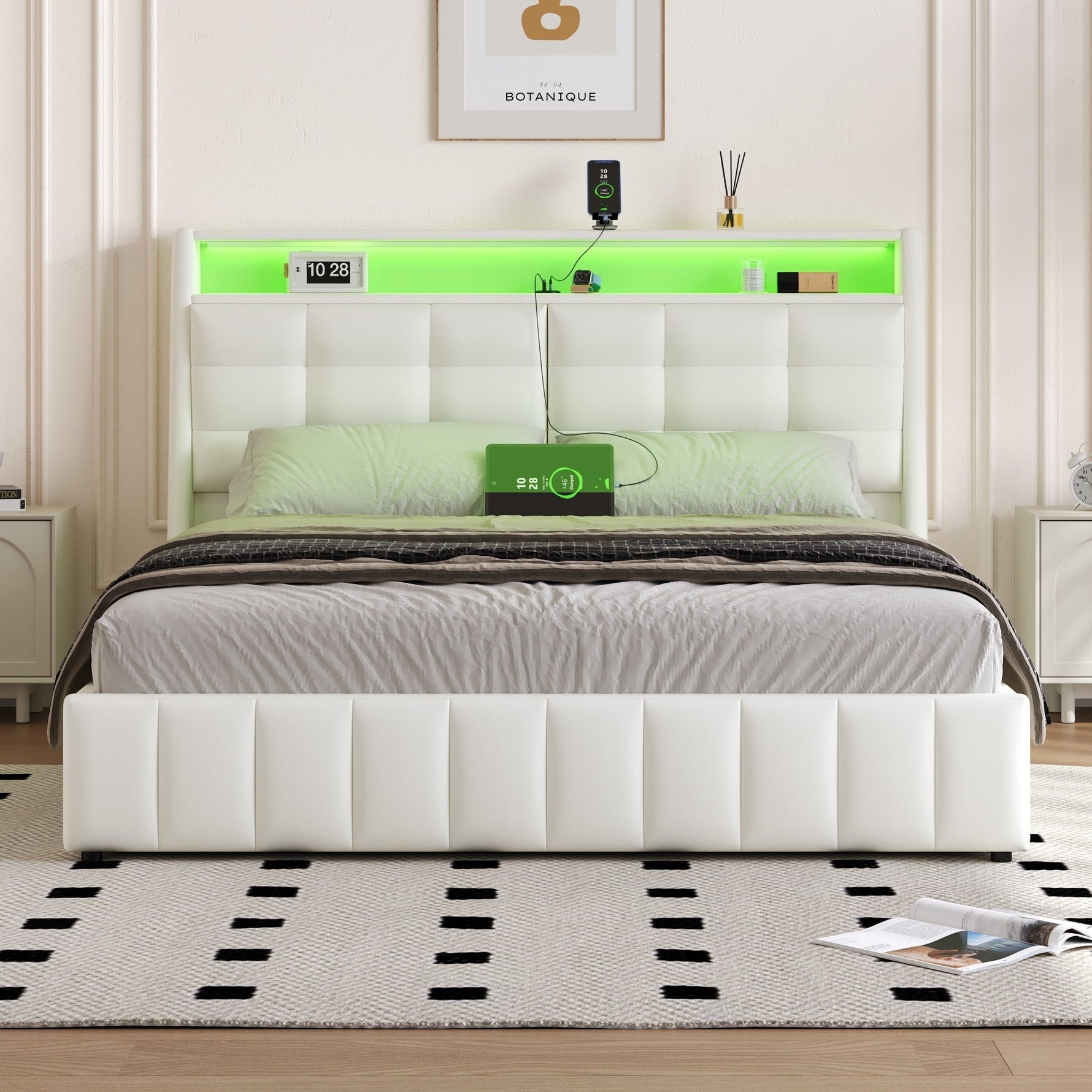 Upholstered Platform Bed 160x200 LED USB Storage Adjustable Headboard - White