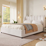 Upholstered Platform Bed 140x200cm with Slatted Base, Velvet Beige