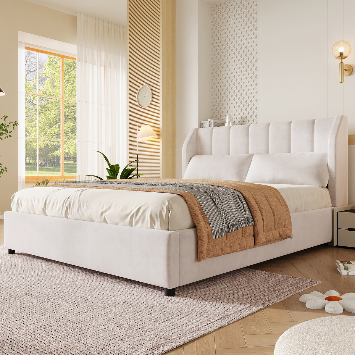 Upholstered Platform Bed 140x200cm with Slatted Base, Velvet Beige