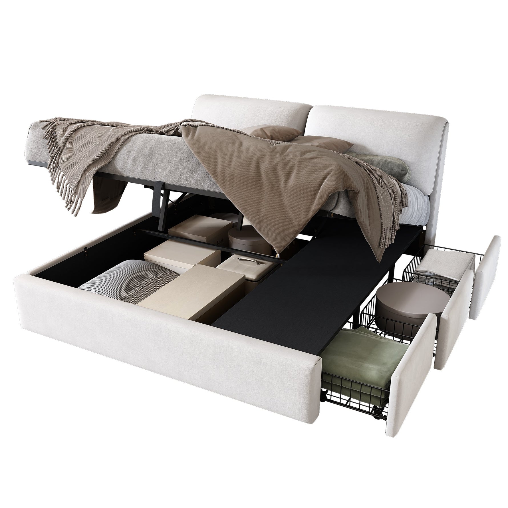 Upholstered Bed 180x200cm Hydraulic Storage 3 Drawers - Velvet Beige