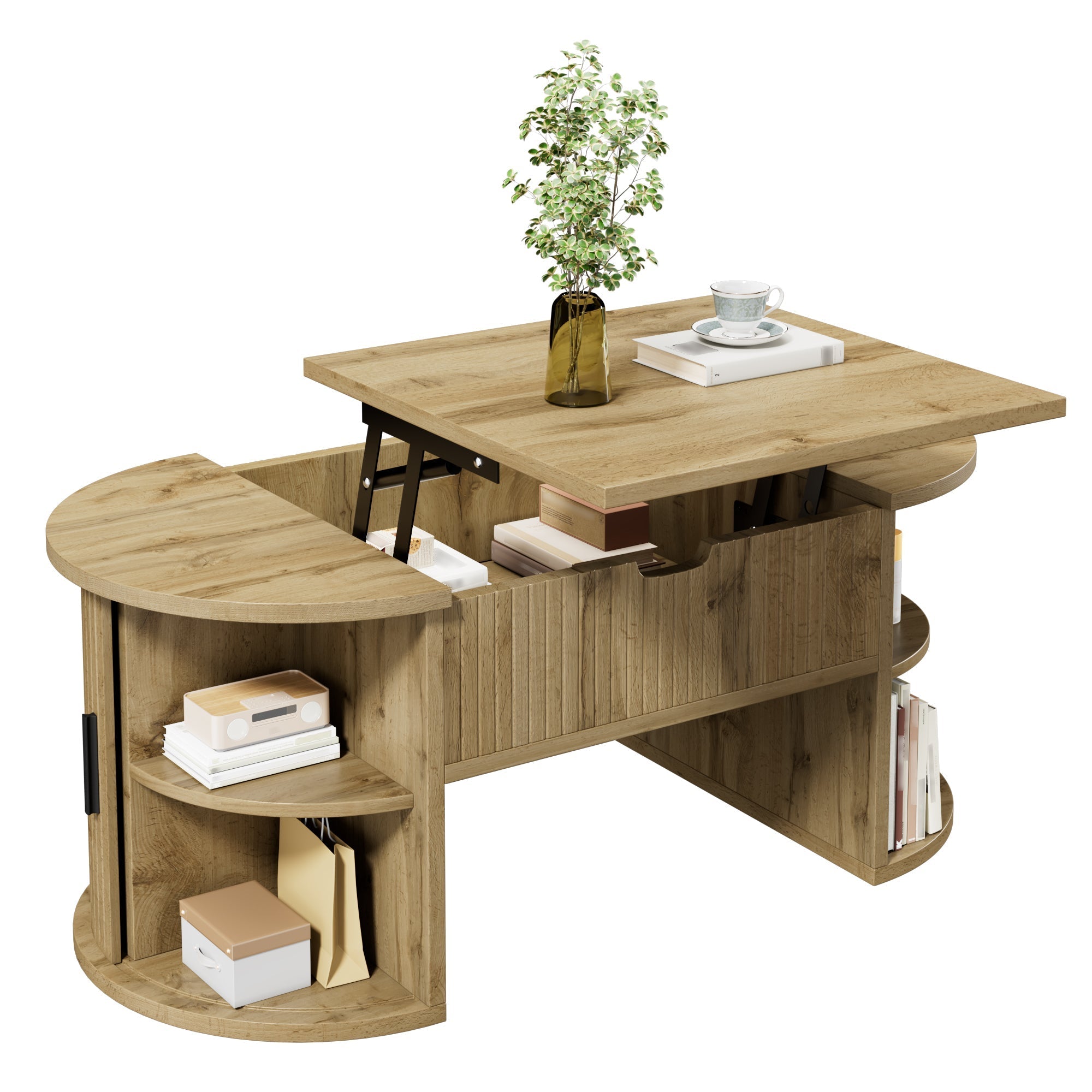 Modern Height-Adjustable Coffee Table with Hidden Storage and Sliding Doors, Wood