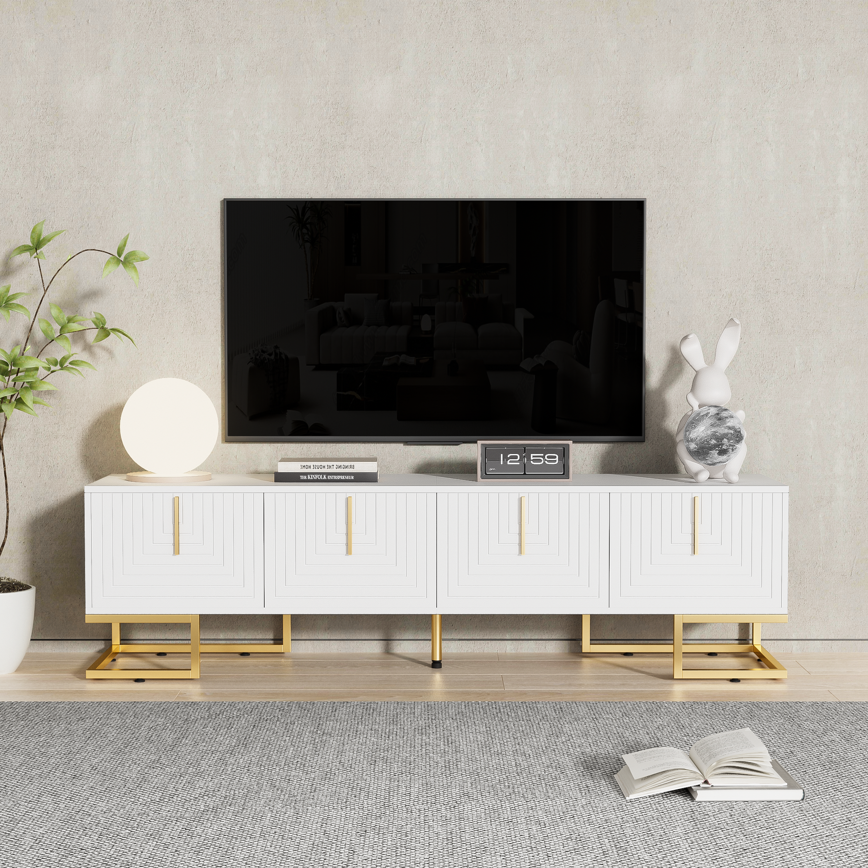 TV Cabinet Lowboard Textured Door Gold Handles and Feet