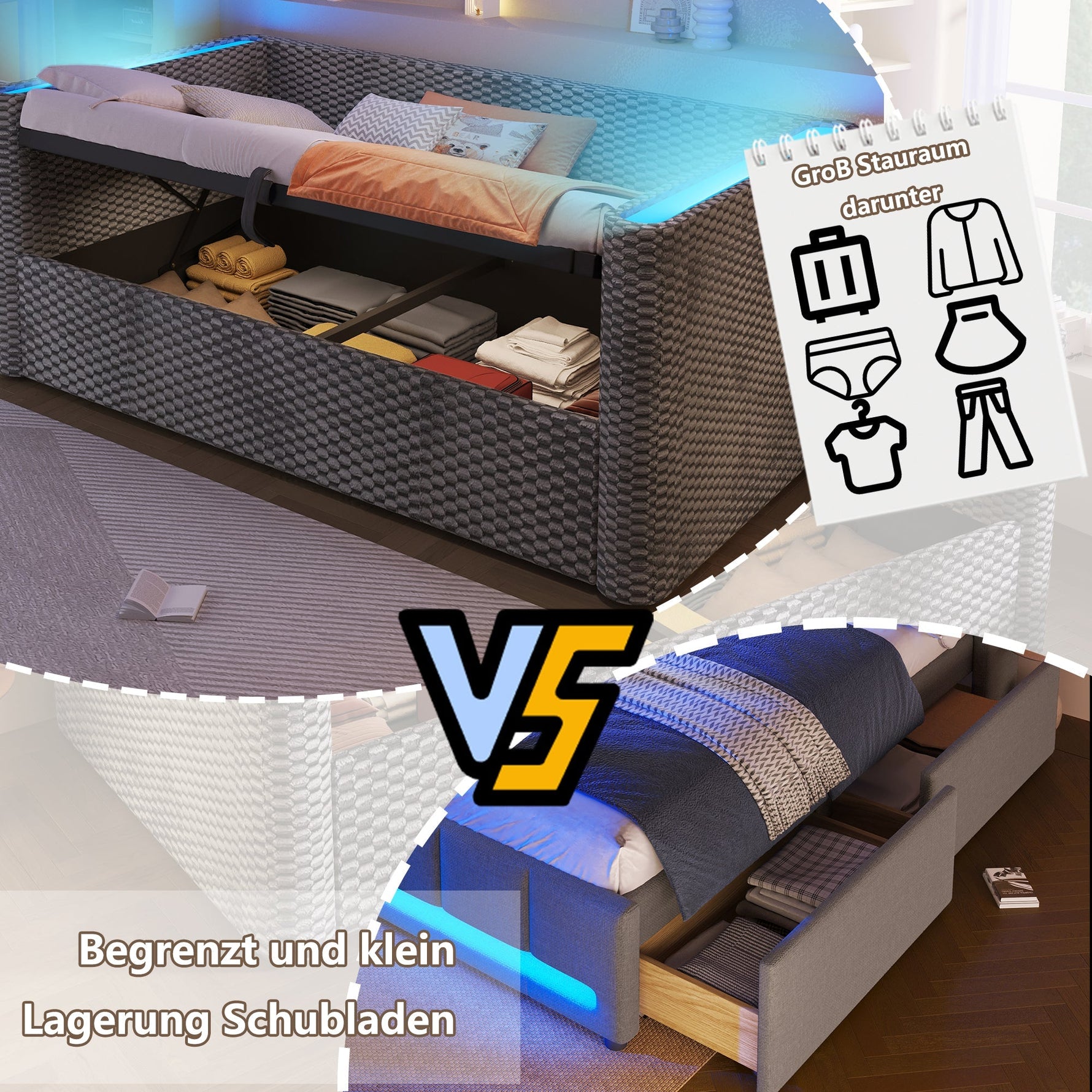 Daybed Sofa Bed 90x200cm LED Light Hydraulic Storage Velvet Grey