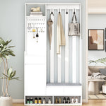 Hallway coat rack with padded storage bench and pegboard, with 4 hooks, white