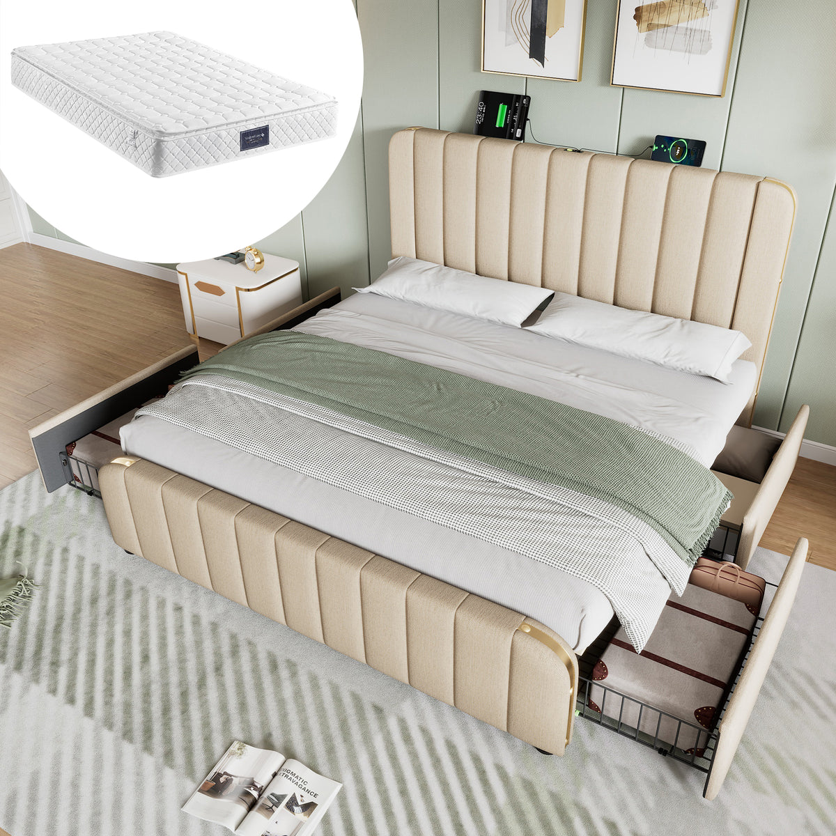 Iron Loft Bed with Desk & Storage, 90x200cm, White & Natural
