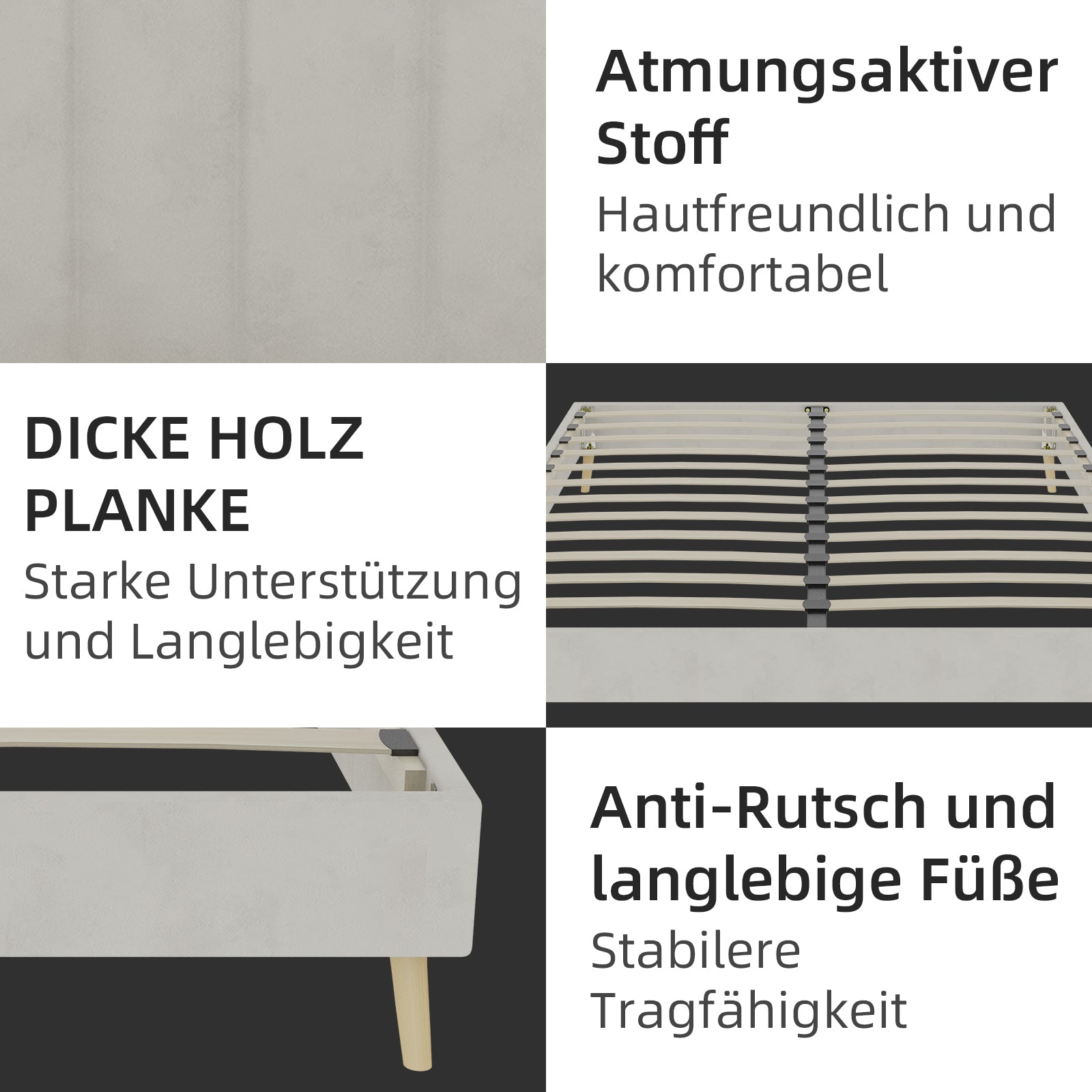 Modern Minimalist Bed Frame, Low-Profile 160x200 cm, Beige Dutch Velvet