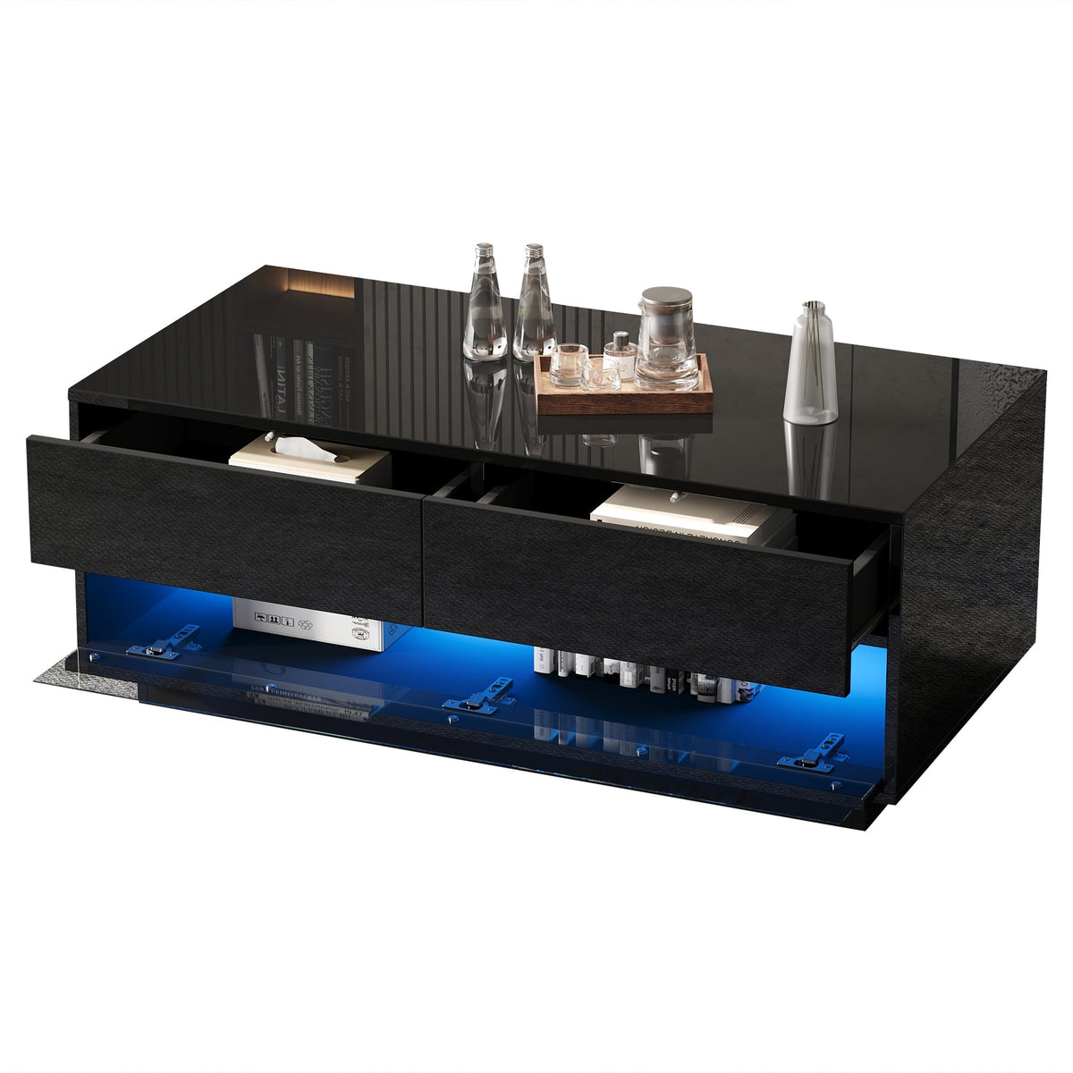 Coffee Table with 2 Drawers, Bluetooth LED Light Bar, Tempered Glass, Black