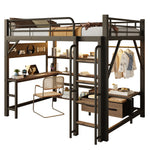 Loft Bed 140x200cm with Desk, LED Light & Shelves, Black Iron