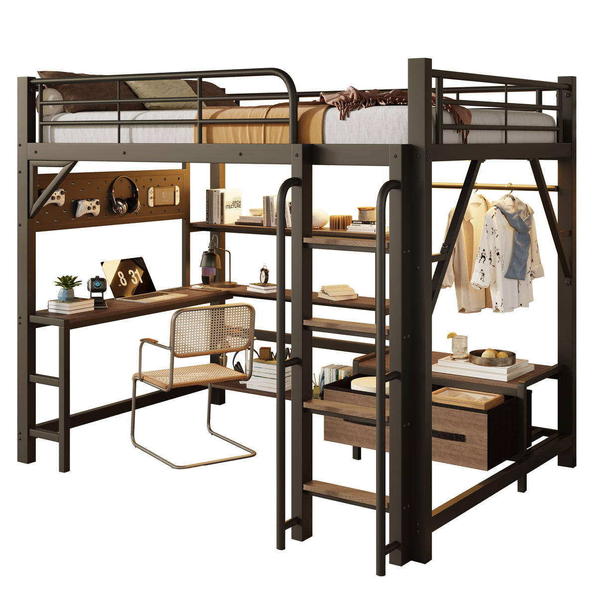 Loft Bed 140x200cm with Desk, LED Light & Shelves, Black Iron
