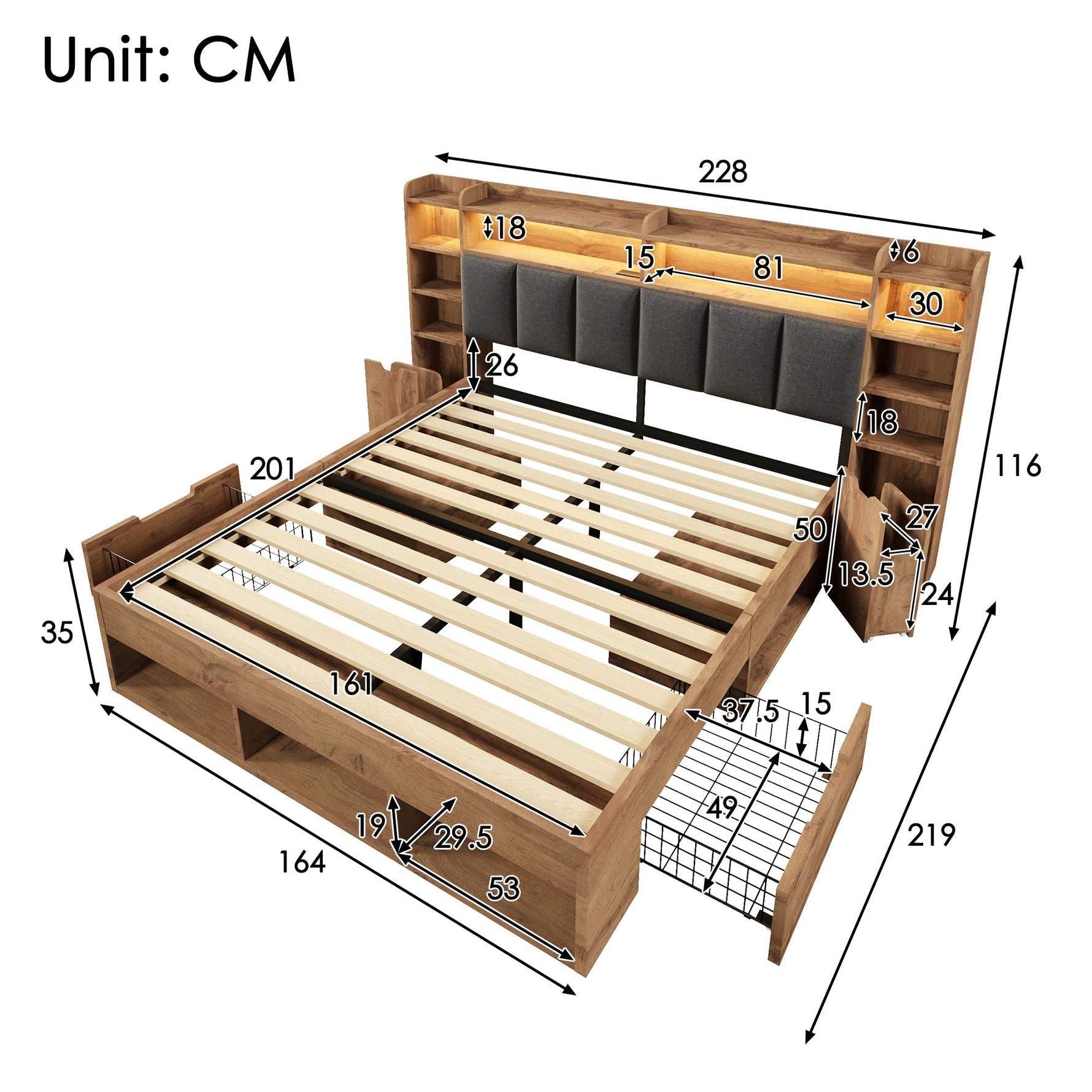 Double Bed System Bed with LED Headboard, Bedside Tables, USB Ports and Storage, 160x200cm, Oak Finish