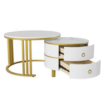 Coffee Table, 2-in-1 Round with 2 Drawers, White Marble & MDF