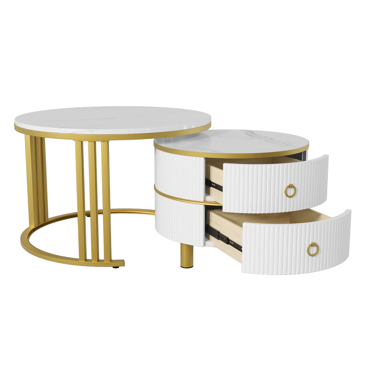 Coffee Table, 2-in-1 Round with 2 Drawers, White Marble & MDF
