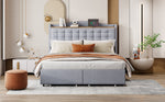Upholstered Bed 140x200cm with USB & Storage, 4-Drawer, Linen Fabric Gray
