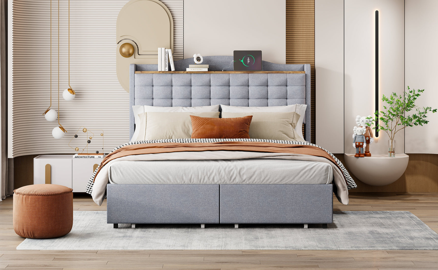 Upholstered Bed 140x200cm with USB & Storage, 4-Drawer, Linen Fabric Gray