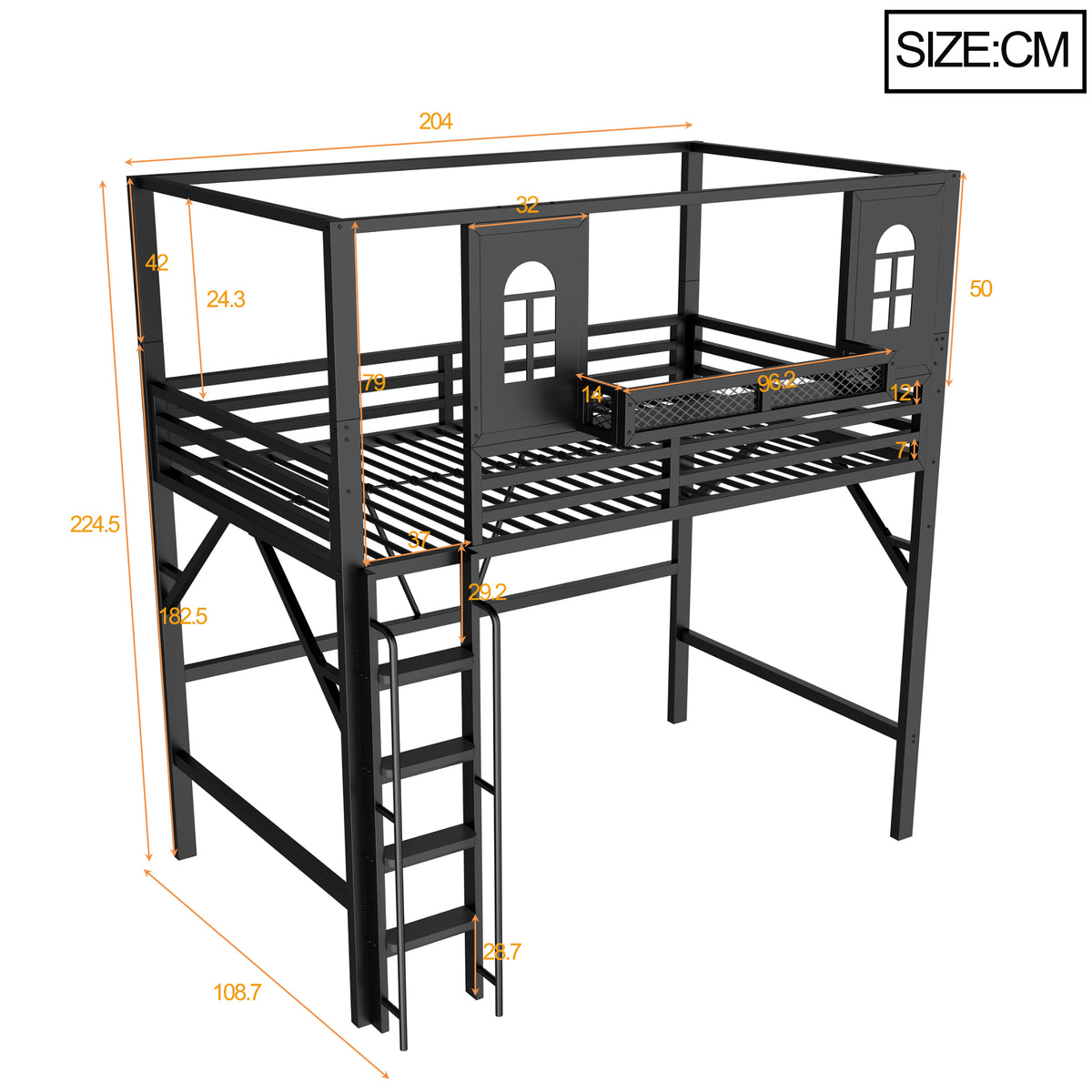 Children's Loft Bed 90x200cm with Roof & Storage, Black Metal
