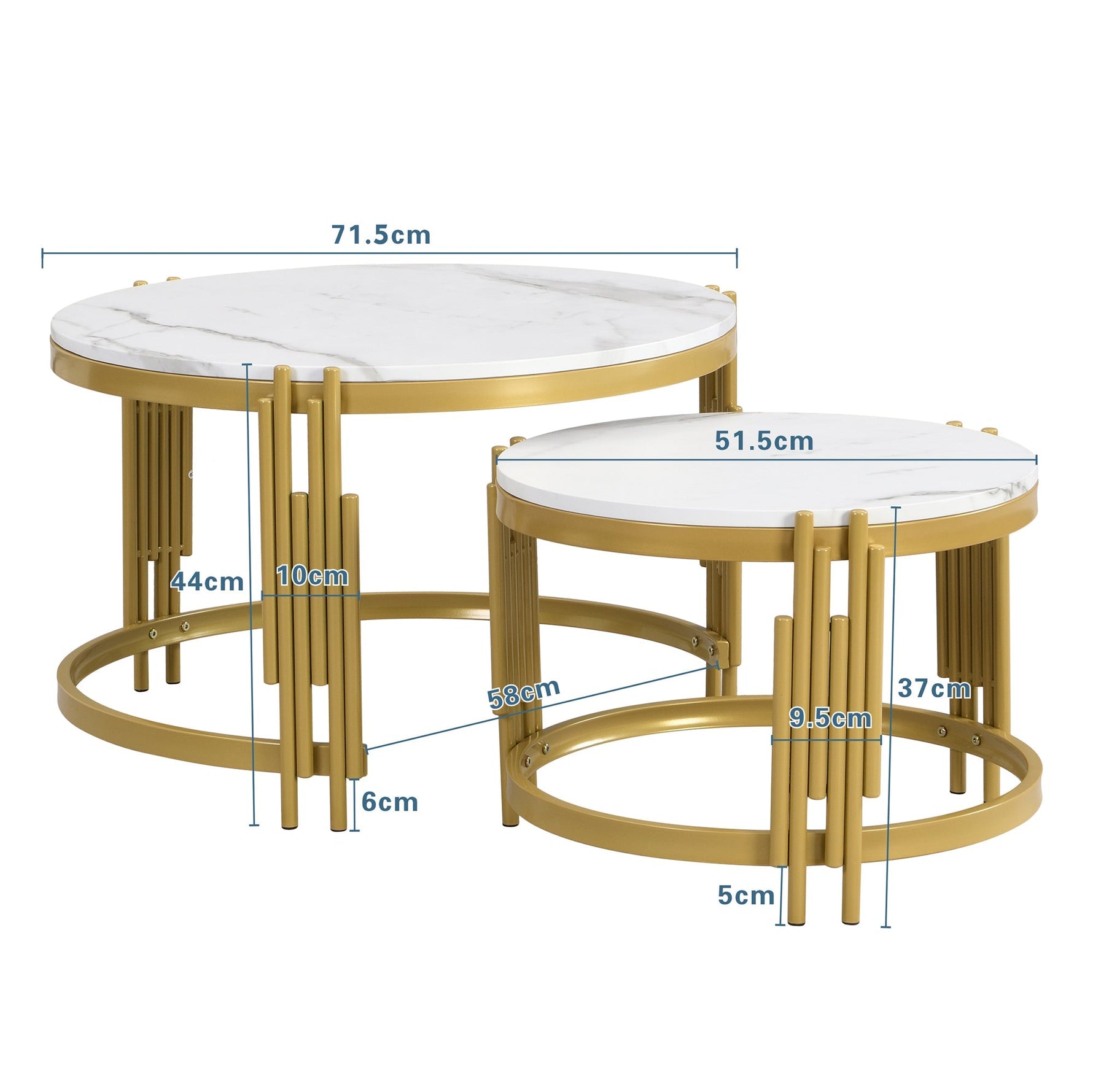 Modular Coffee Table Set, Round Golden Metal Frame, Marble Look