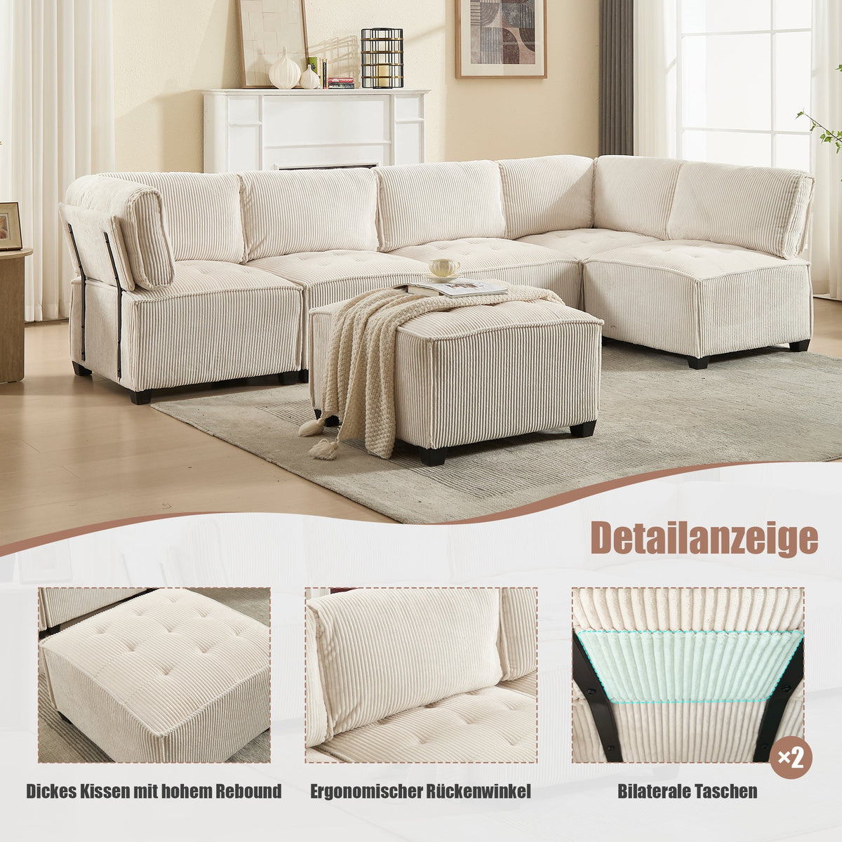 Modular 6-Seater Sofa 308cm Ergonomic Storage Pockets Corduroy, Beige