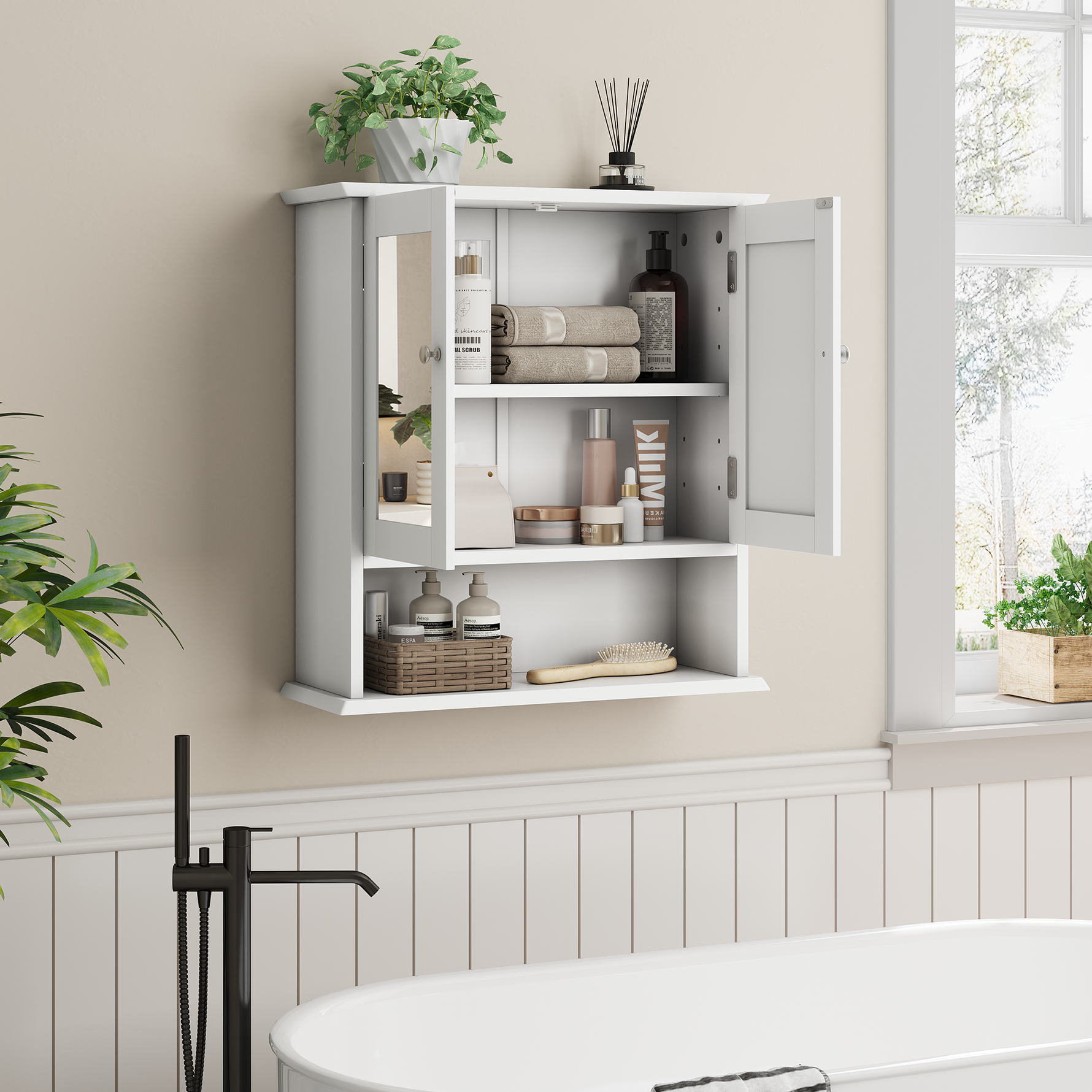 Bathroom Cabinet, Mirror & Adjustable Shelf, White