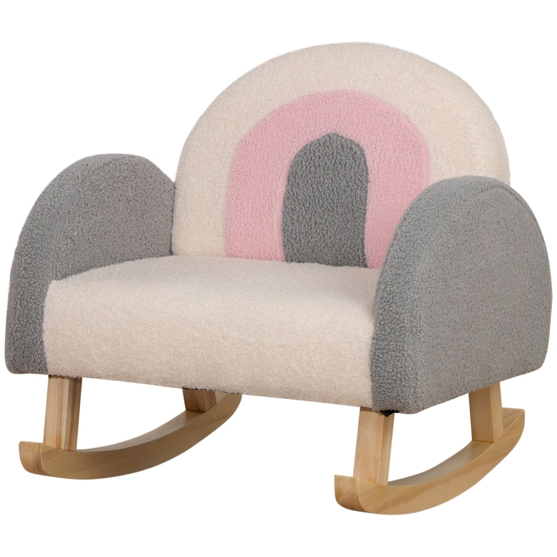 Toddler Rocking Chair, Faux Sheepskin, Eucalyptus Wood, Grey+Pink+Cream