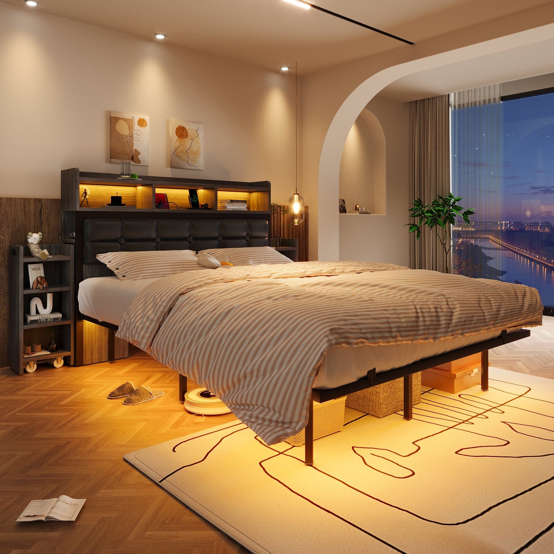 Double Bed 140x190cm with 2 Pull-out Nightstands Storage USB/Type-C LED Grey