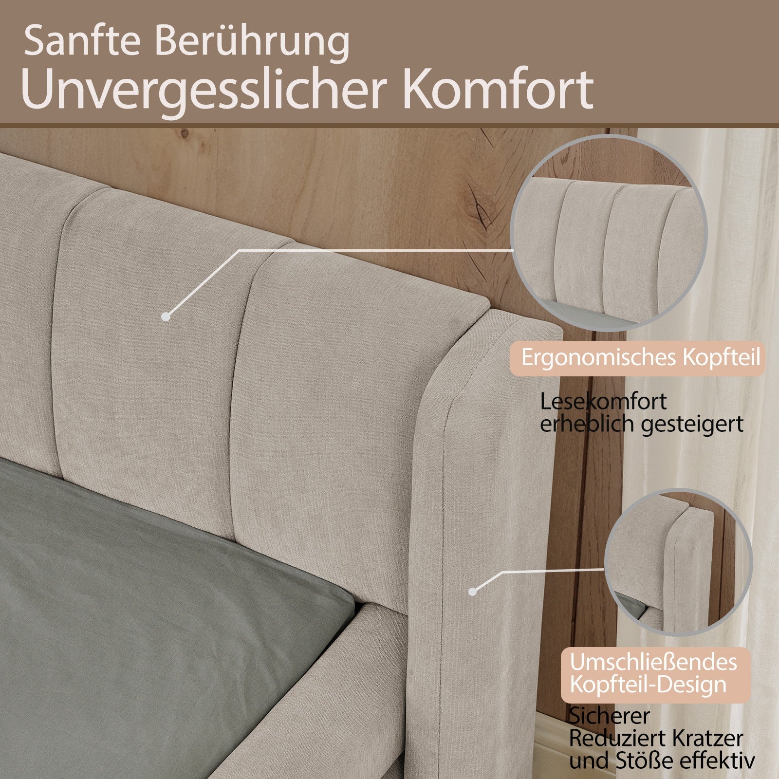 Double Bed with Comfortable Backrest and Sturdy Frame, 140x200cm, Beige Chenille