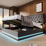 Upholstered Double Bed with Hydraulic Storage, USB Charging and LED, 180x200cm, Grey Cotton