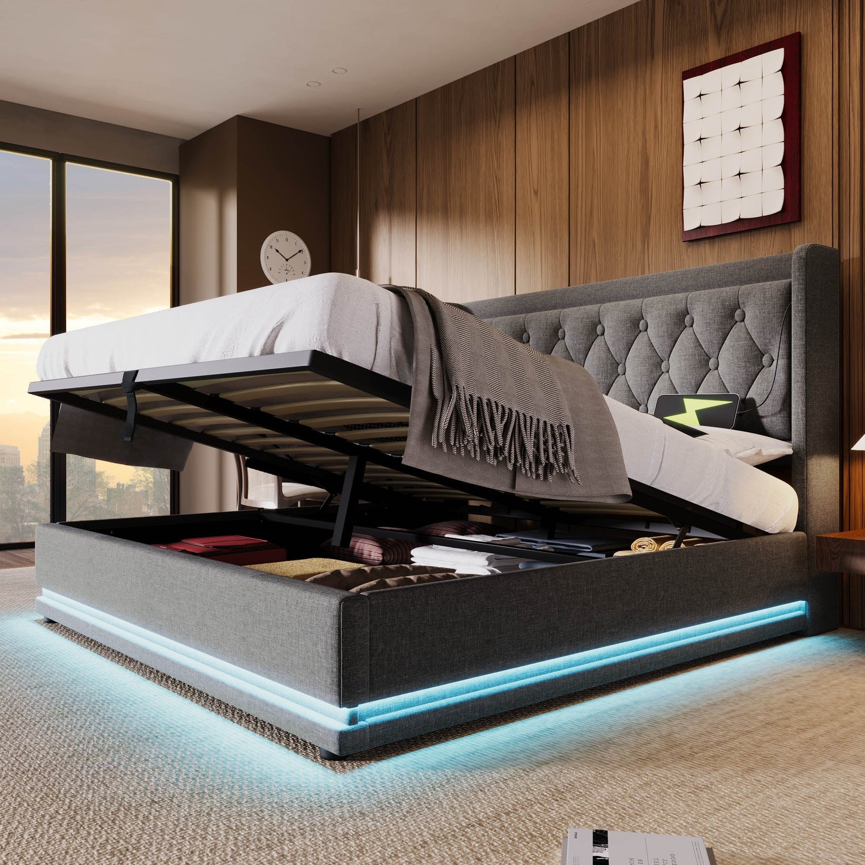 Upholstered Double Bed with Hydraulic Storage, USB Charging and LED, 180x200cm, Grey Cotton