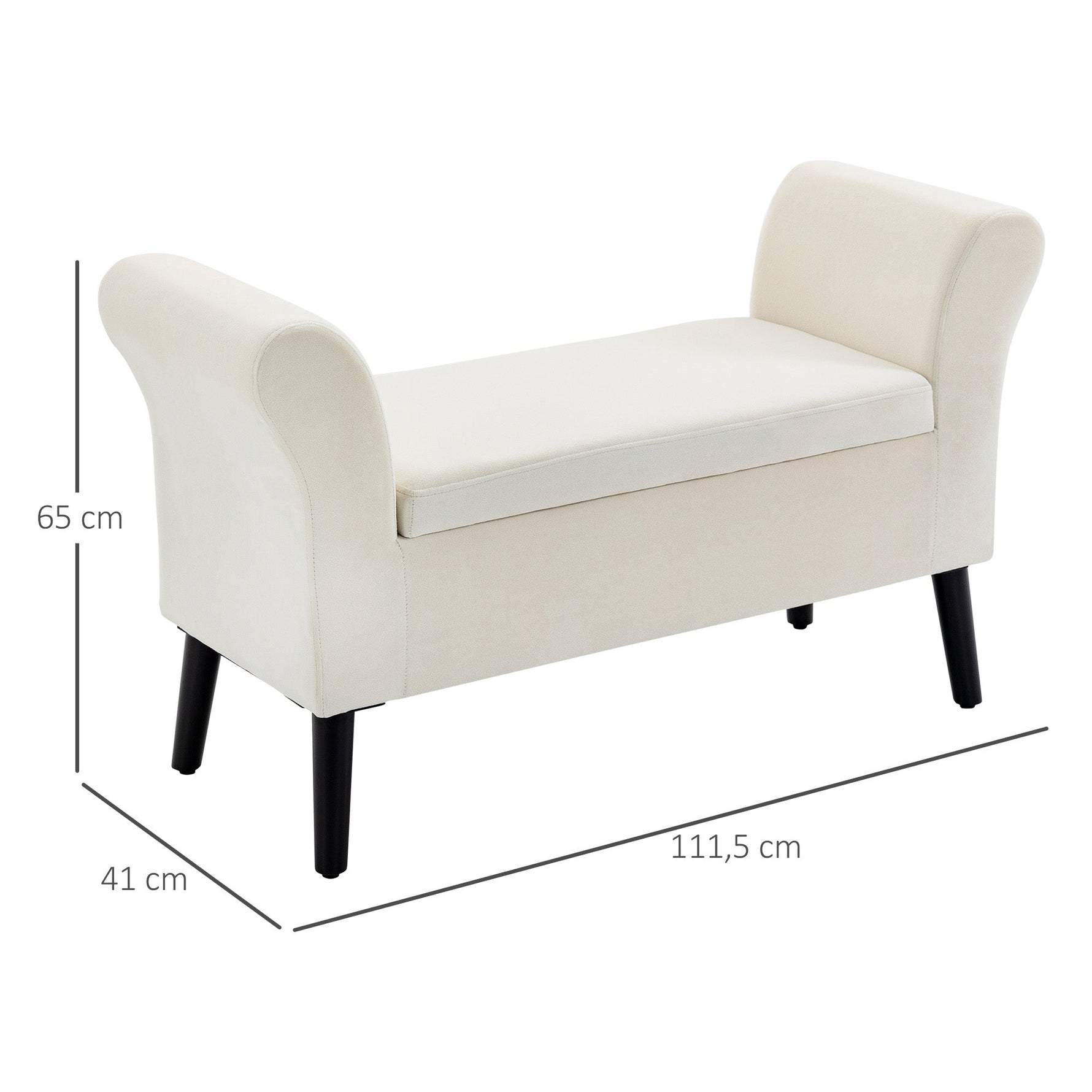 Upholstered Bench with Storage, Armrest, Velvet Polyester, Cream White