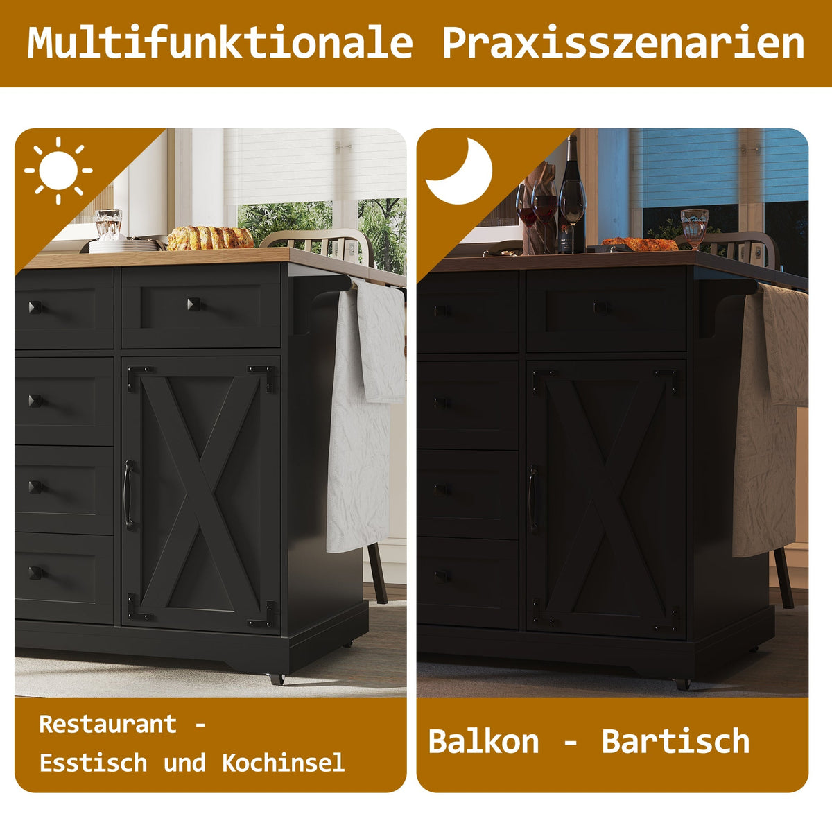 Kitchen Island with Multifunctional Serving Trolley and Large Storage Space, Black Wood Grain