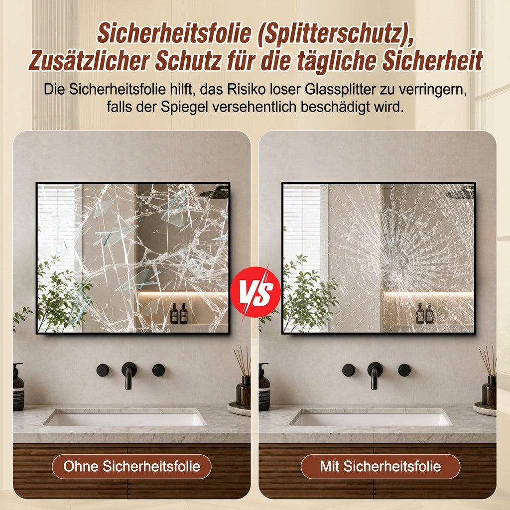 Bathroom Mirror 60x80 cm, HD Wall Mount, Black Aluminum Frame